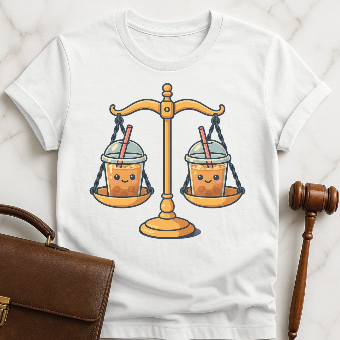 funny lawyer graphic t shirt featuring cute kawaii scales of justice with iced coffee in white