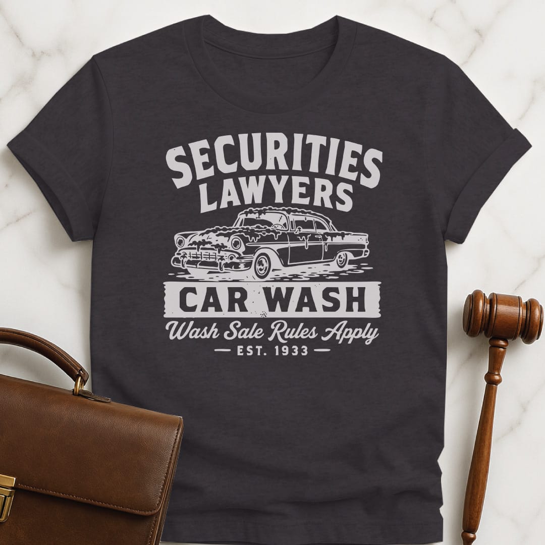 cool law grad tee that says Securities Lawyers Car Wash Wash Sale Rules Apply est 1933 featuring retro car with soap on it in black