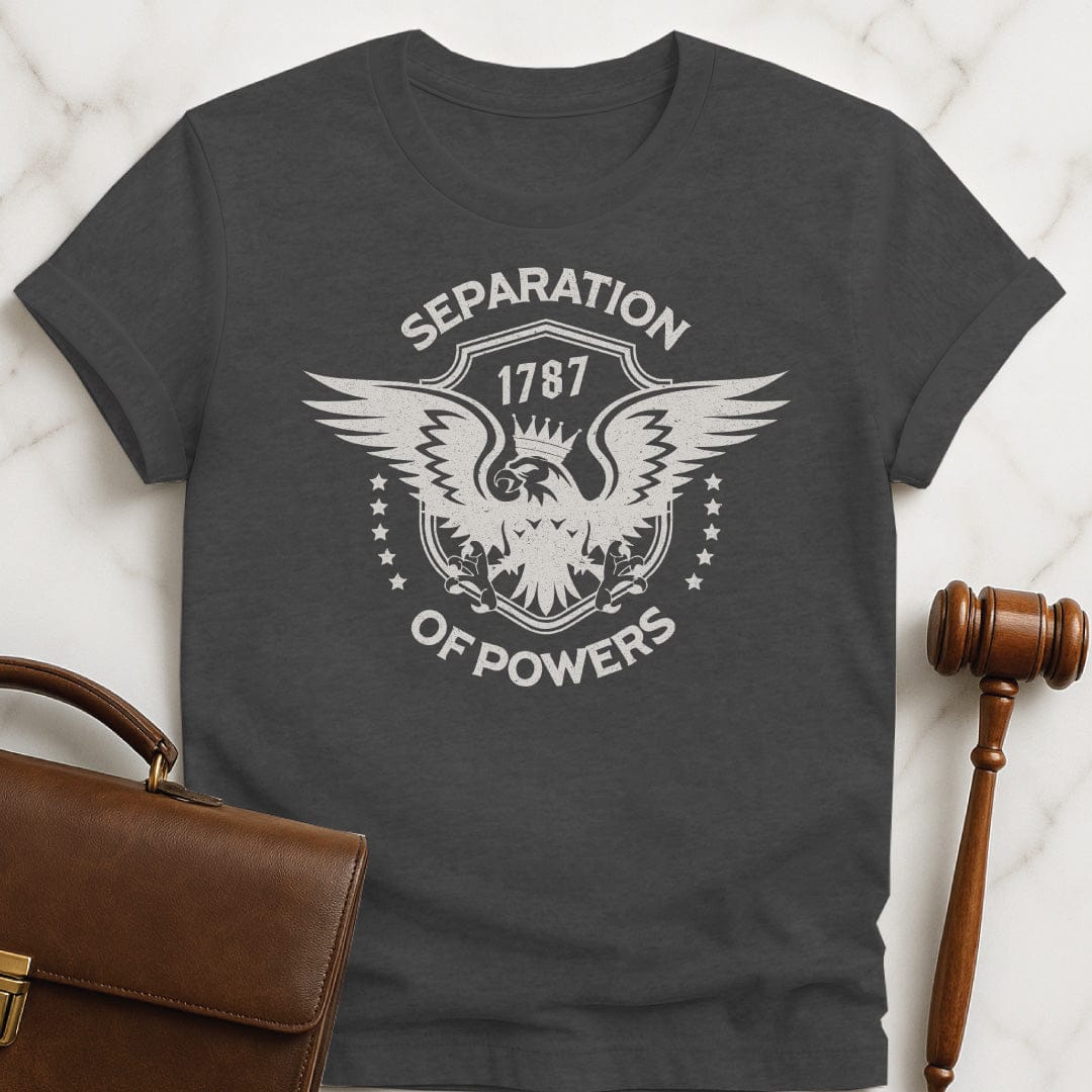 cool law school t-shirt that says Separation of Powers 1787 featuring Eagle and stars in grey