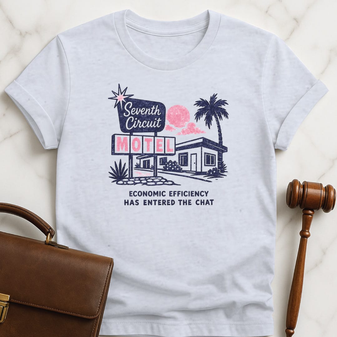 cool law grad t shirt that says Seventh Circuit Motel Economic Efficiency has entered the chat featuring retro motel in grey