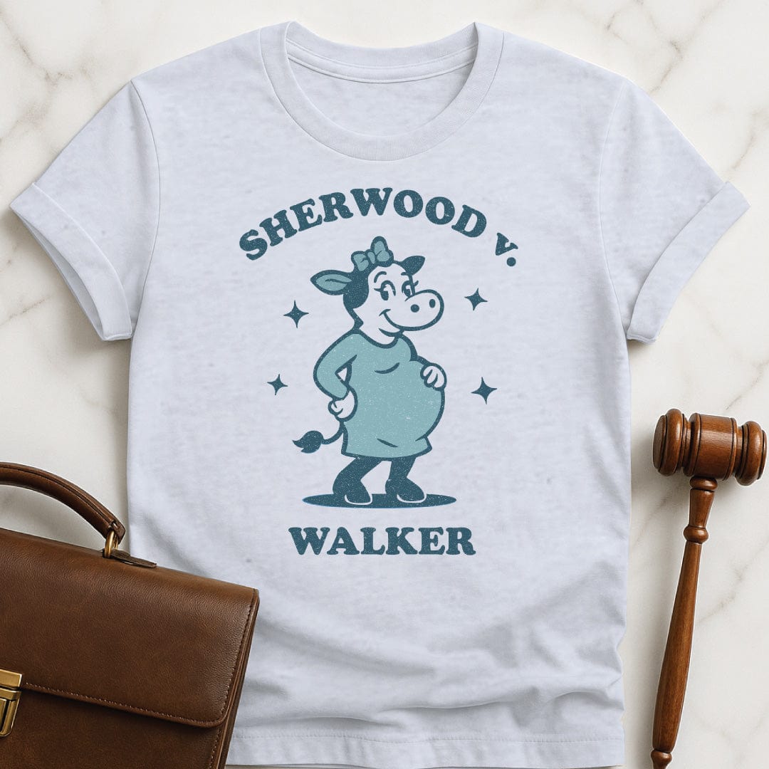 cool law school graphic tee that says Sherwood v Walker featuring a pregnant bull in a maternity dress in grey