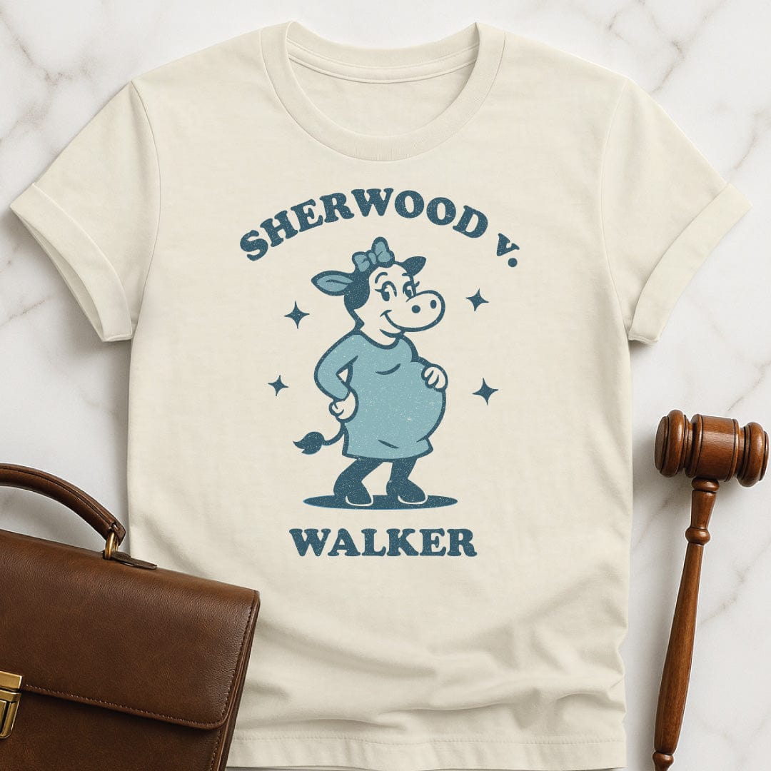 cool law school graphic t shirt that says Sherwood v Walker featuring a pregnant bull in a maternity dress in cream