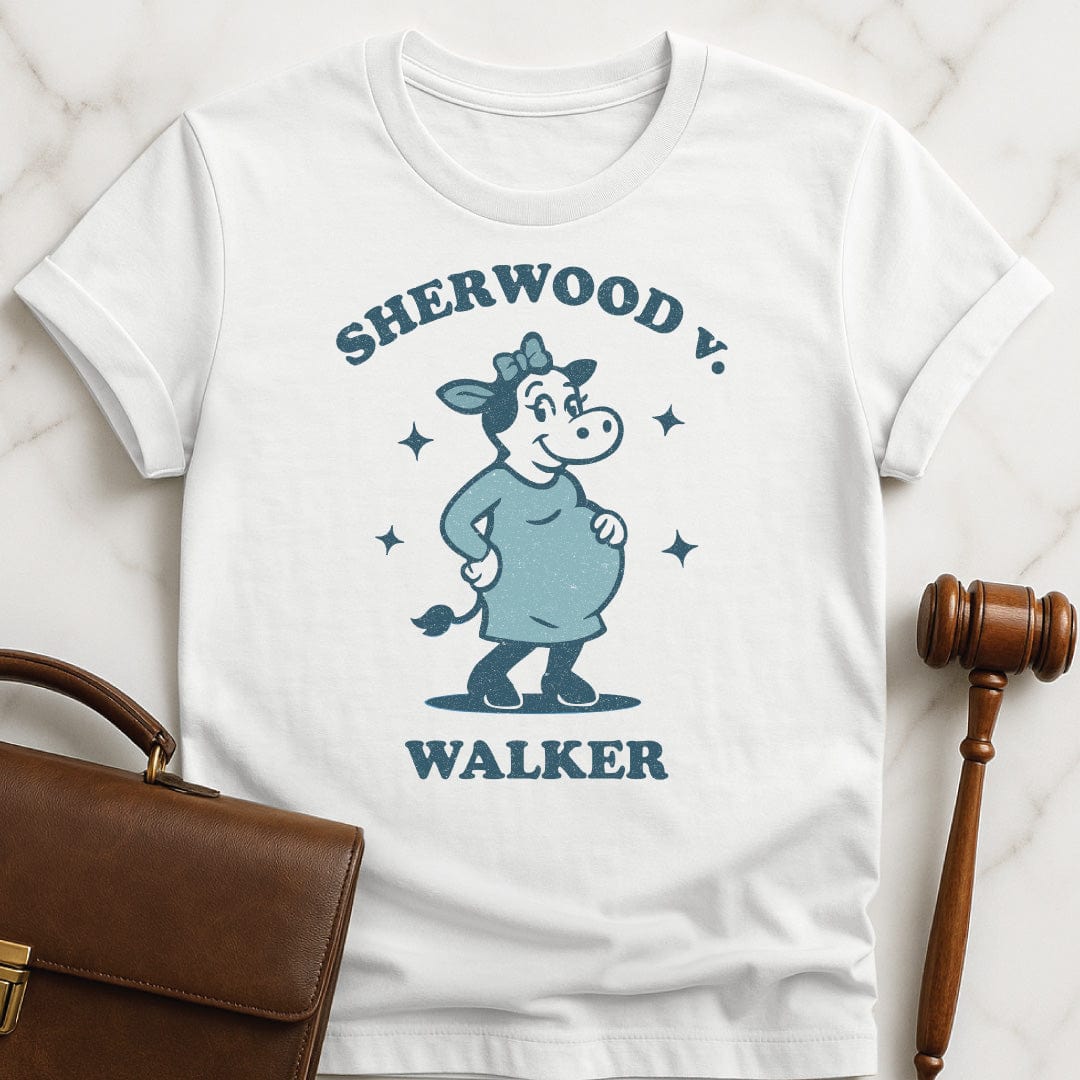 funny law student graphic t-shirt that says Sherwood v Walker featuring a pregnant bull in a maternity dress in white