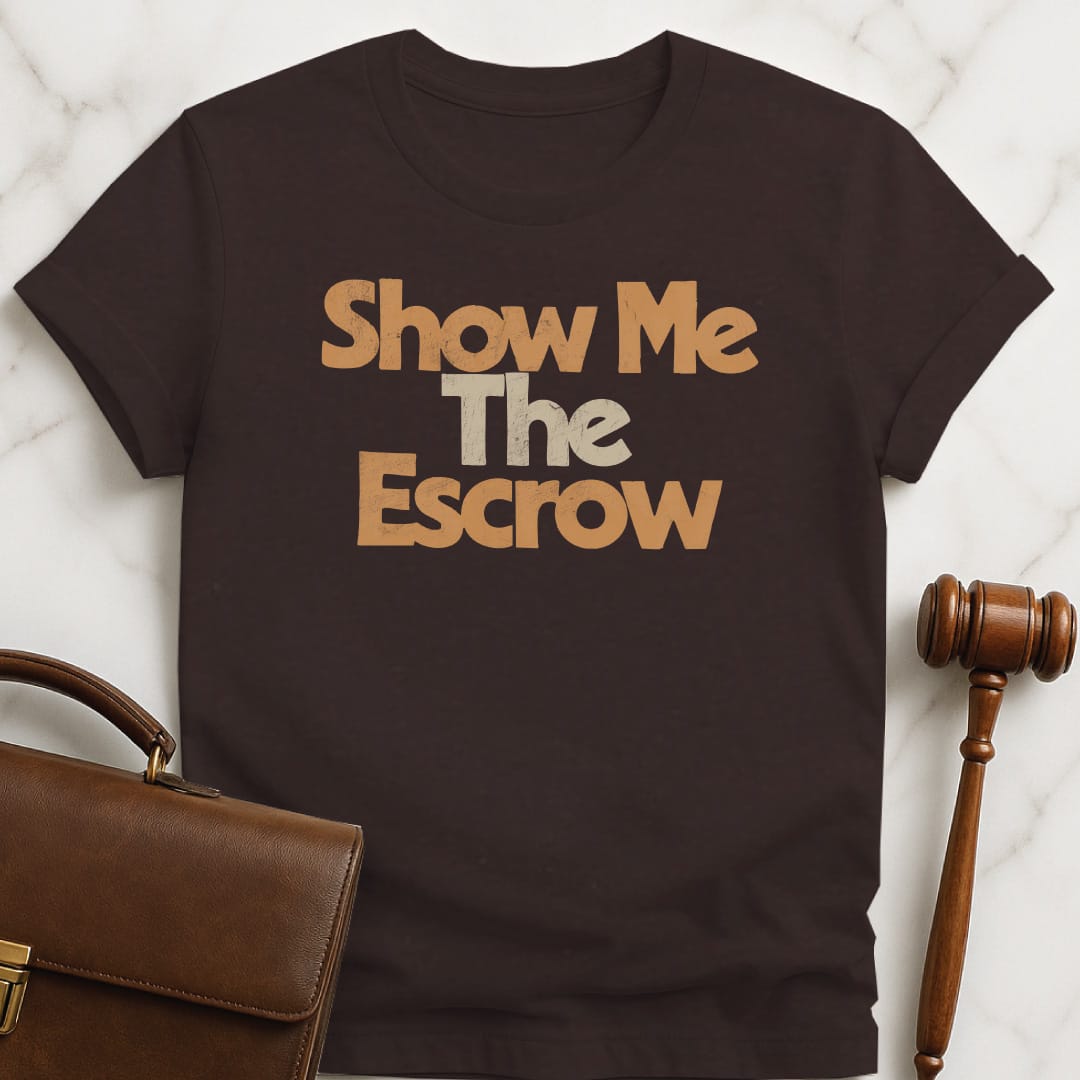 cool attorney graphic t shirt that says Show me the escrow in brown