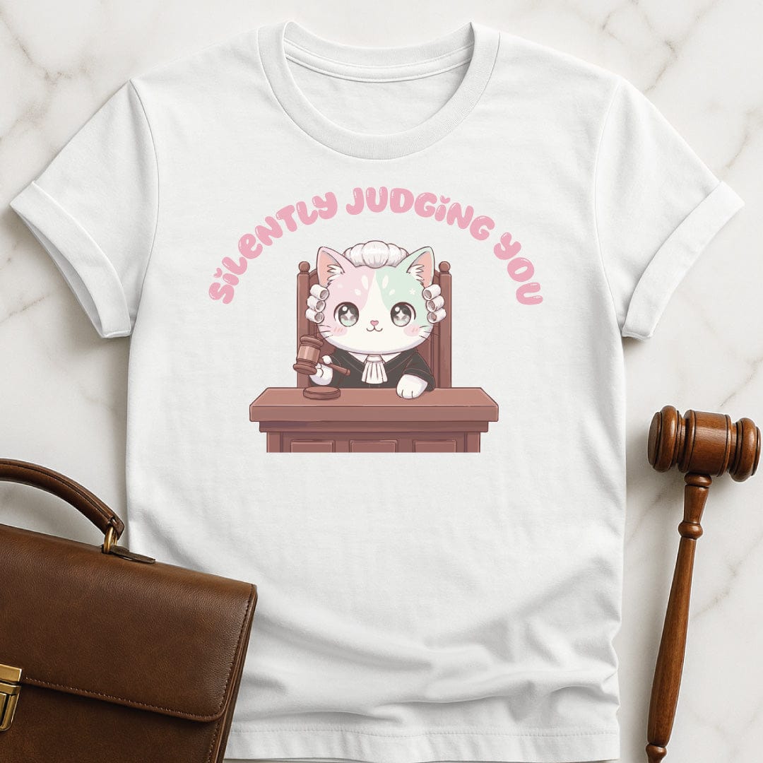 kawaii new attorney graphic tee that says Silently judging you featuring Kawaii cat dressed like a judge in white