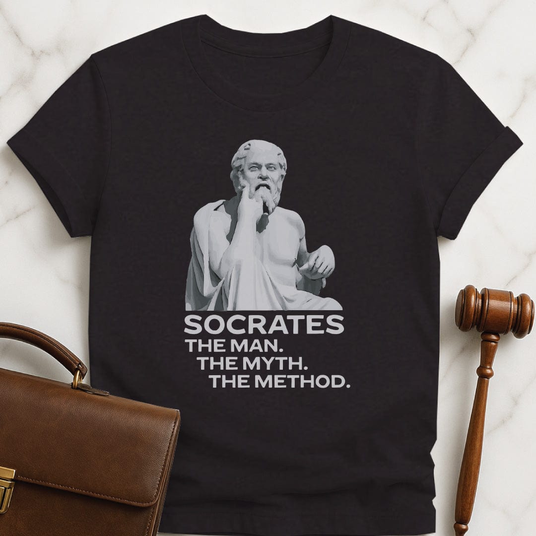 funny new lawyer tee that says socrates the man the myth the method featuring a statute of Socrates in grey