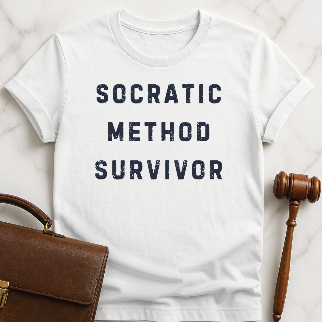funny law student tshirt that says socratic method survivor in white