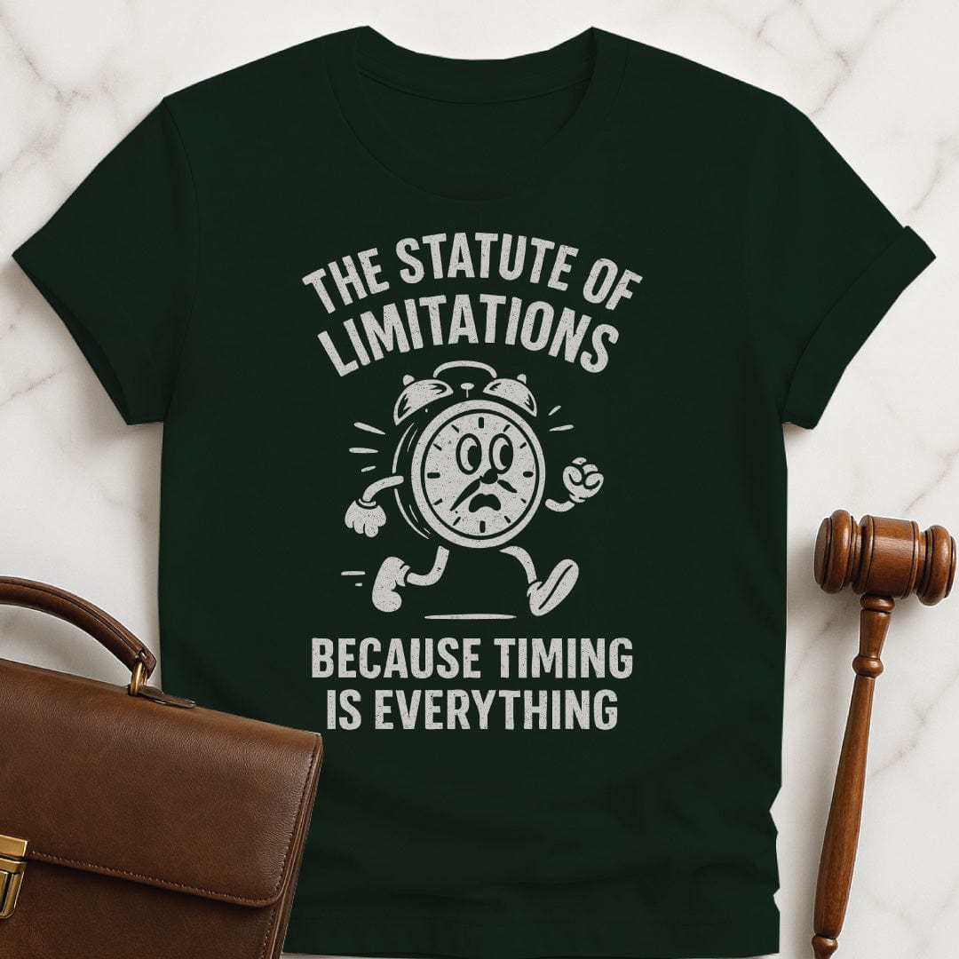 funny new attorney graphic tshirt that says statute of limitations because timing is everything featuring vintage clock with a face arms and legs running in green