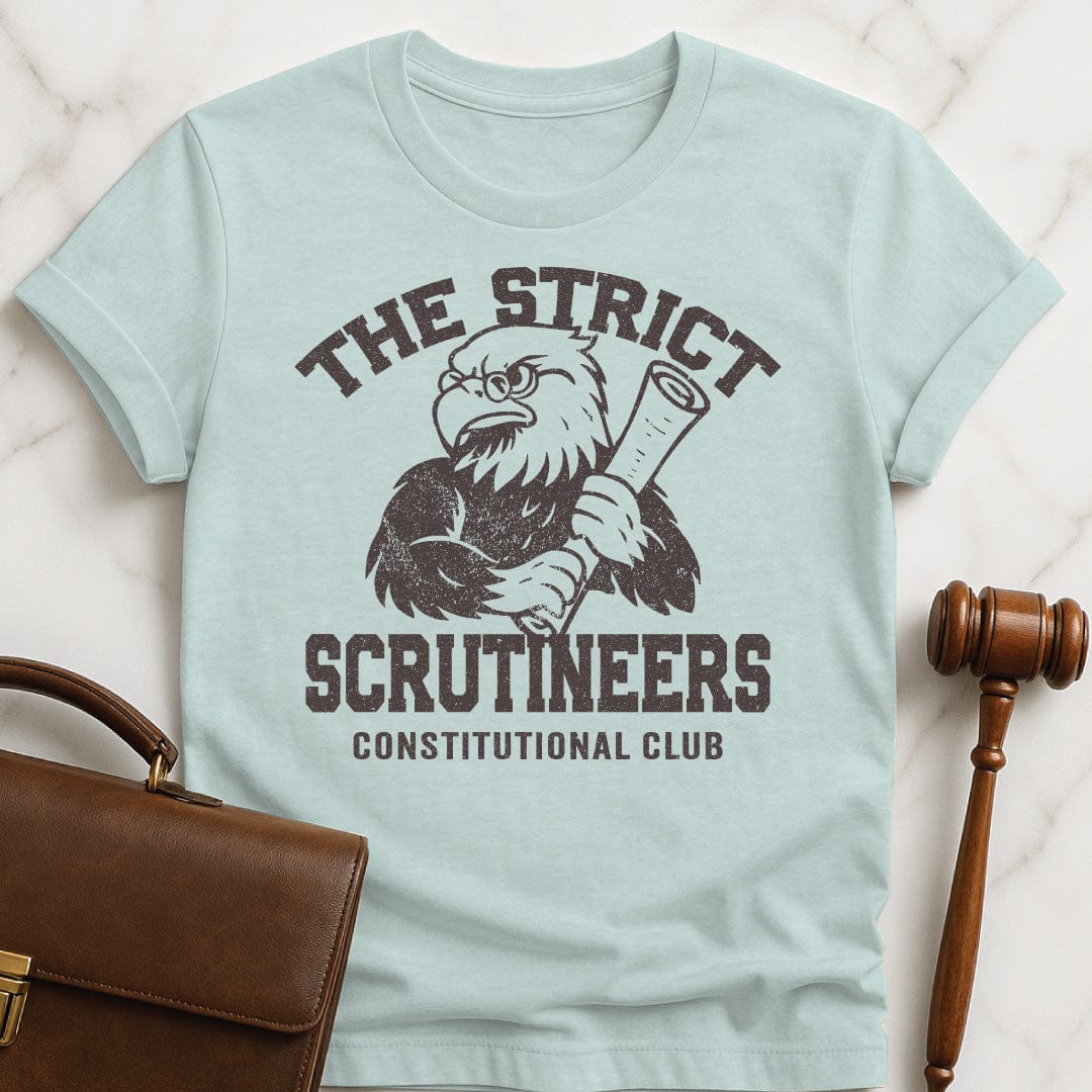 cool law school graphic t shirt that says strict scrutineers featuring an eagle holding a scroll in heather blue