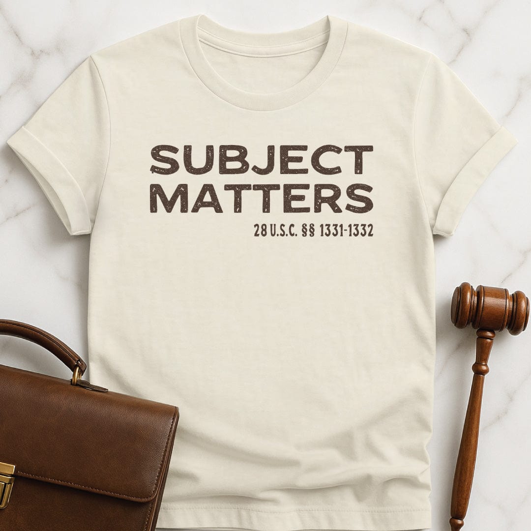 nerdy law school graphic tee that says subject matters 28 usc sections 1331 and 1332 in cream