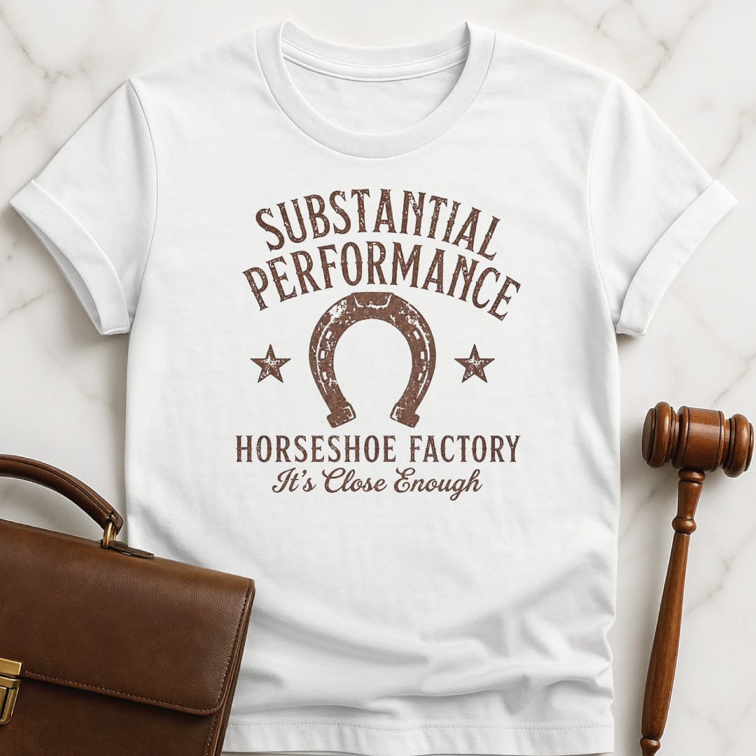 funny new attorney tshirt that says substantial performance horseshoe factory its close enough featuring horseshoe in white
