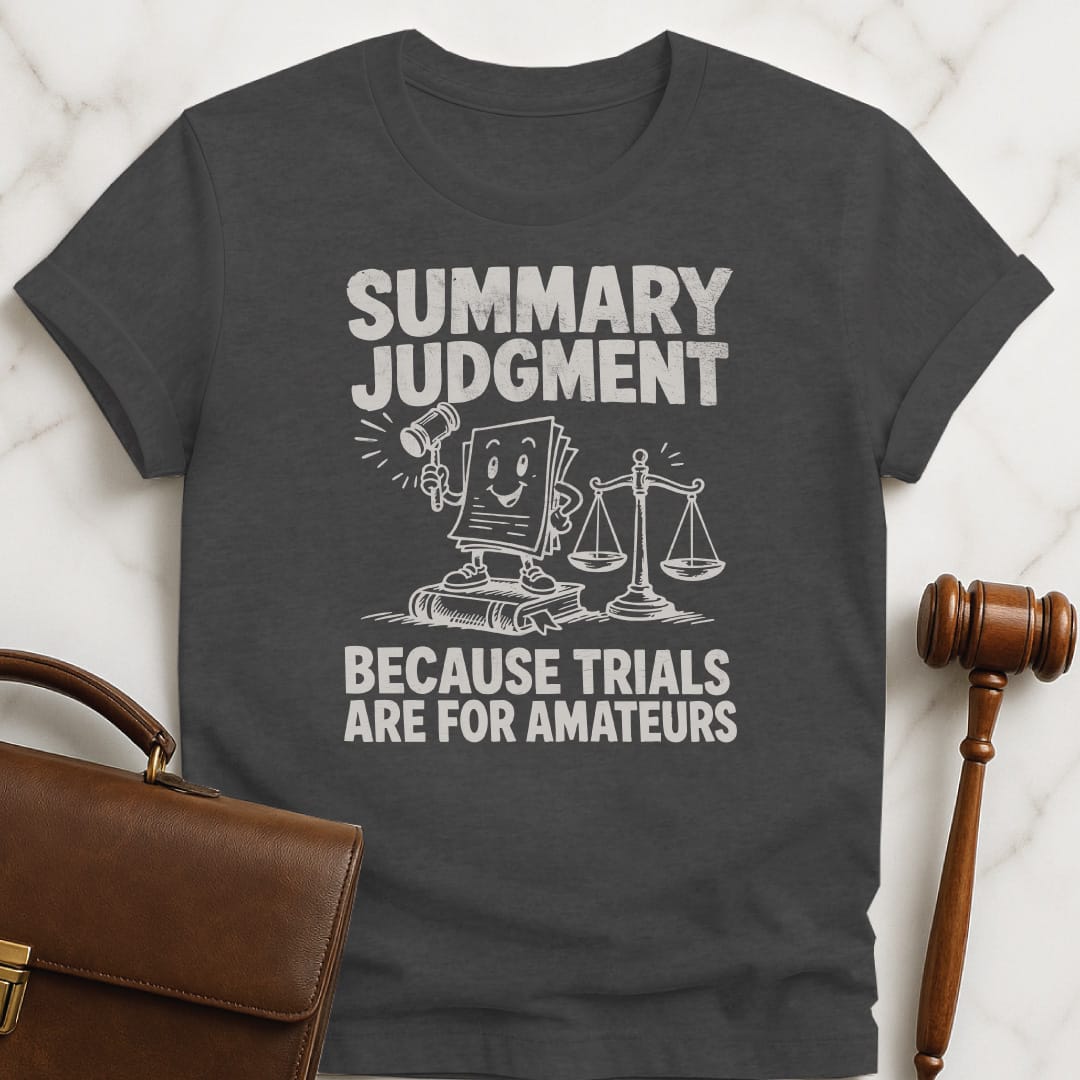 funny law grad t-shirt that says summary judgment because trials are for amateurs featuring gavel scales of justice law books in grey