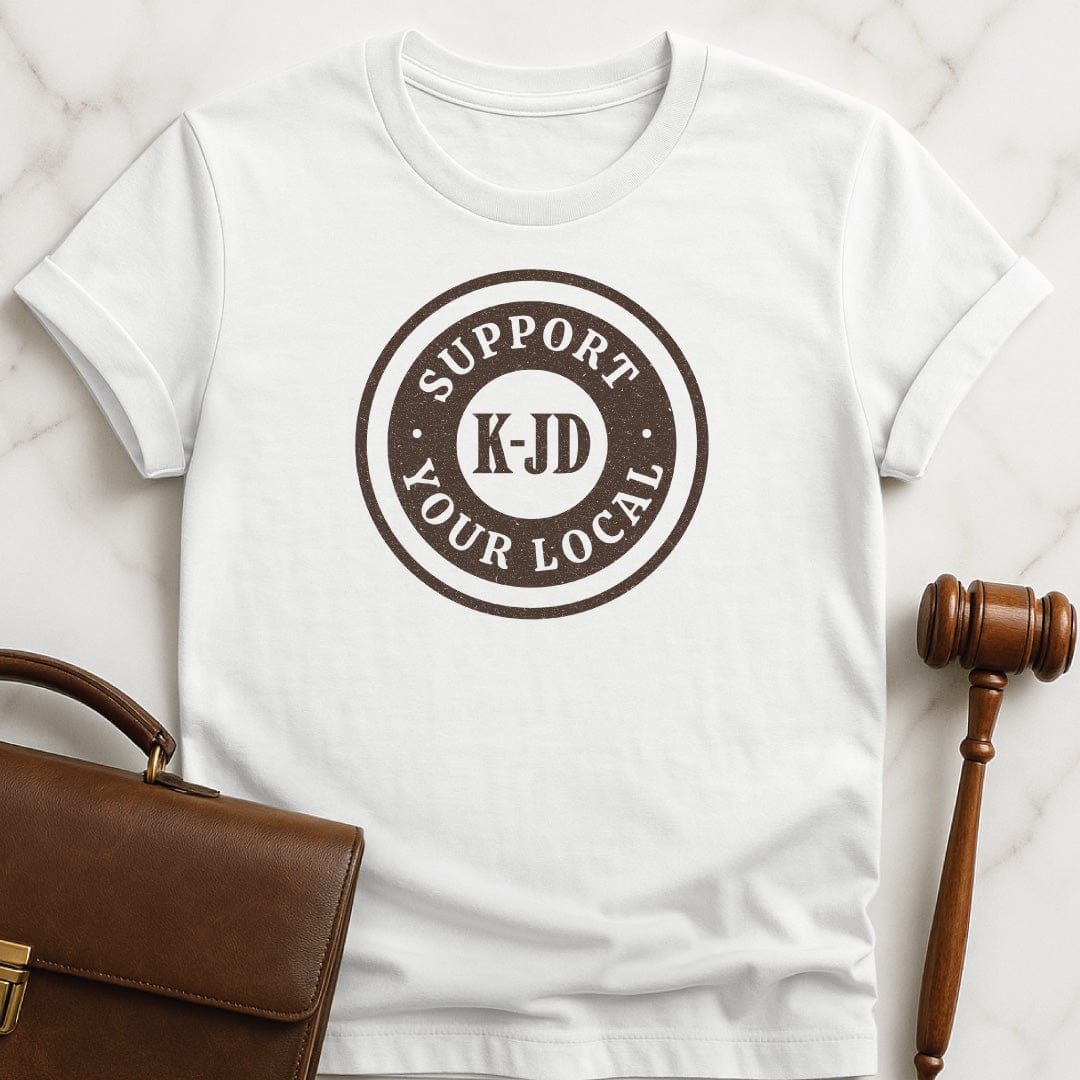 funny law school grad graphic tshirt that says Support your local k through jd in white