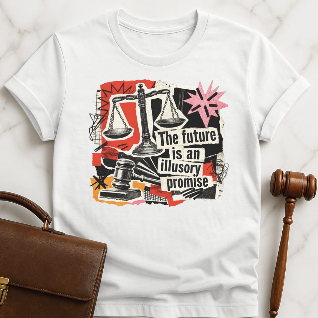 unique law student t shirt that says the future is an illusory promise featuring cutouts of gavel scales of justice stars in white