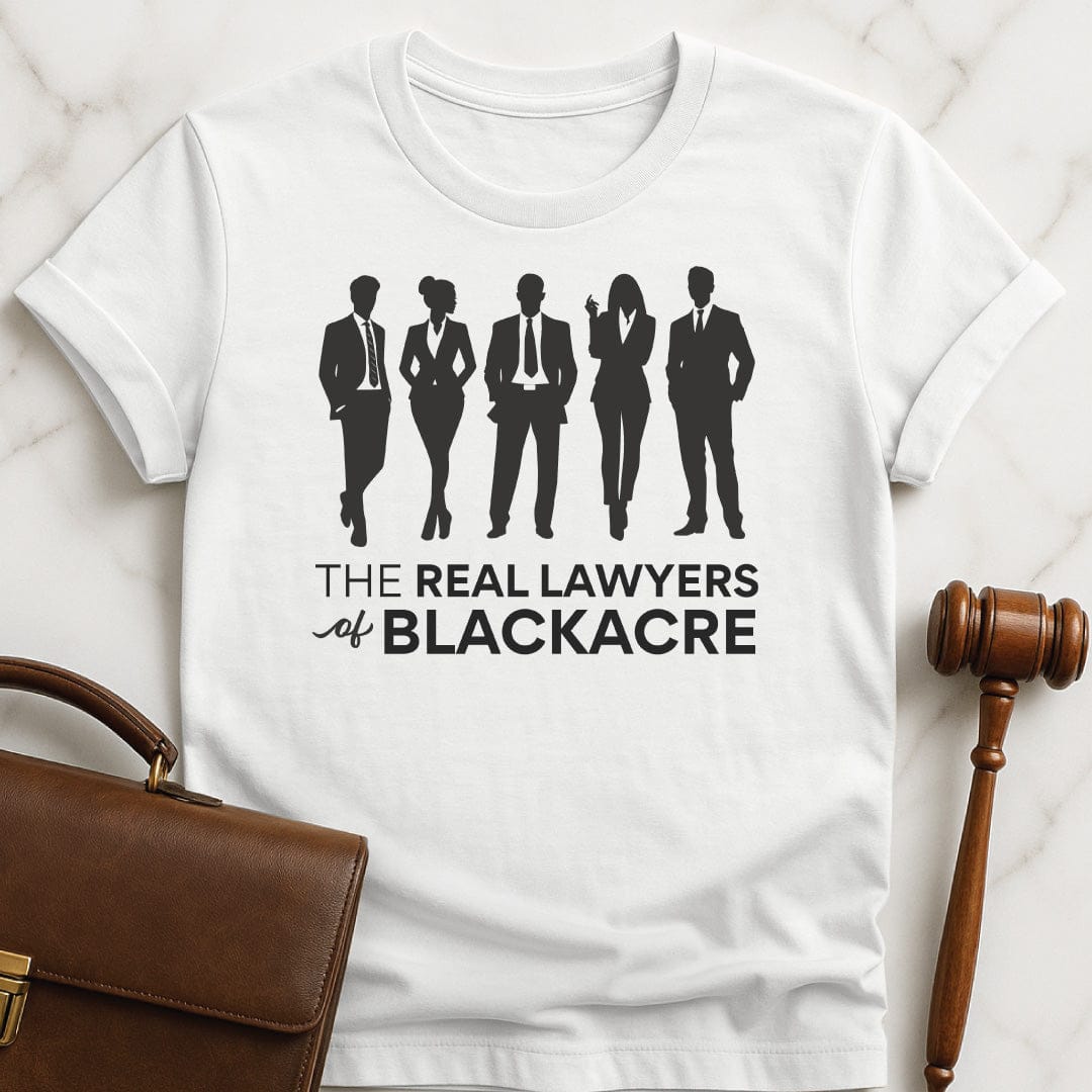 cool law student graphic tshirt that says the real lawyers of blackacre featuring silhouette of lawyers in white
