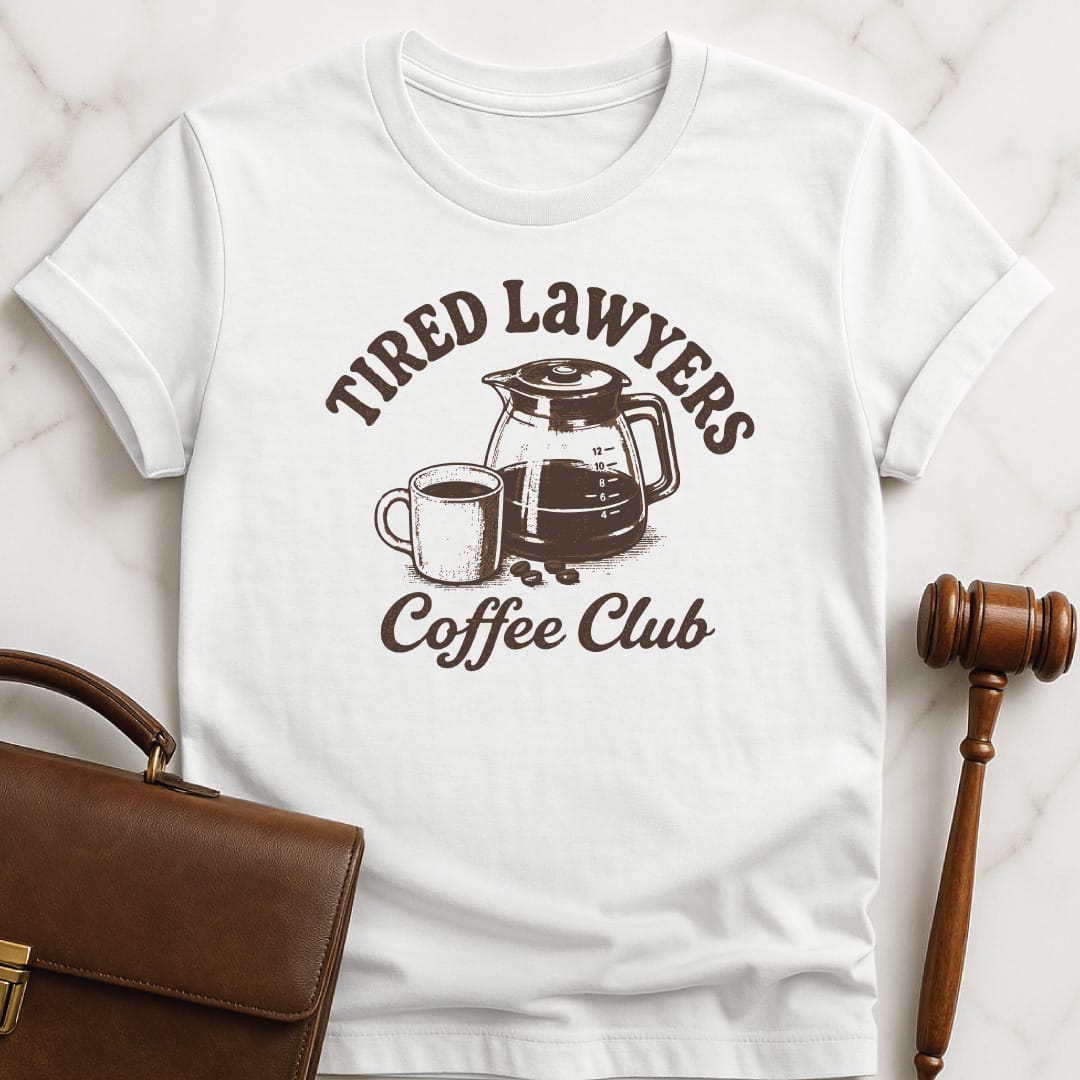 funny lawyer tshirt that says tired lawyers coffee club featuring coffee cup and coffee pot in white