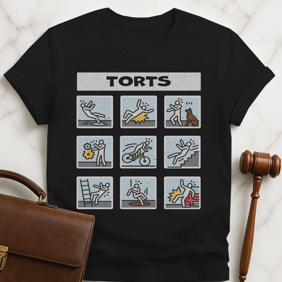 cool law grad tee that says Torts featuring multiple cartoons of people falling down and injuring themselves in black