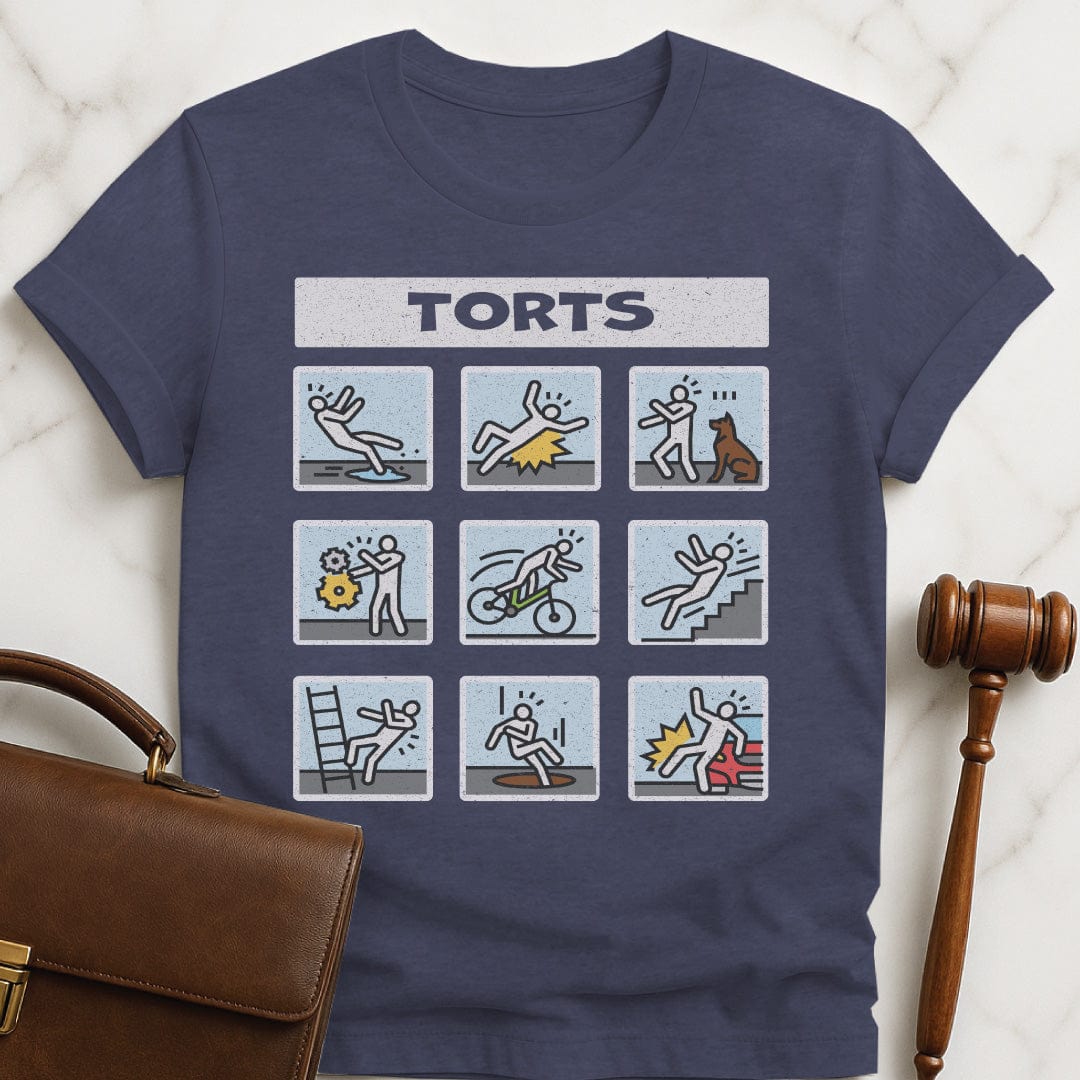 cool lawyer t shirt that says Torts featuring multiple cartoons of people falling down and injuring themselves in heather blue