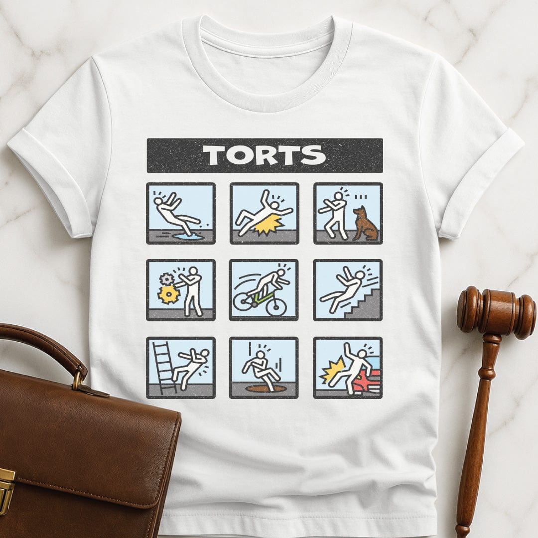 cool new lawyer graphic t shirt that says Torts featuring multiple cartoons of people falling down and injuring themselves in white