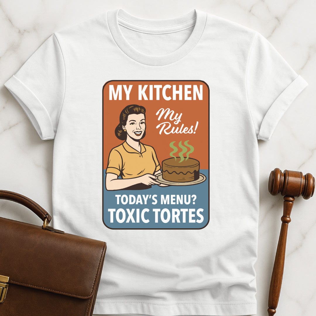 cool law grad tee that says my kitchen my rules todays menu toxic tortes featuring a retro woman holding a chocolate tort with green steam rising from it in white
