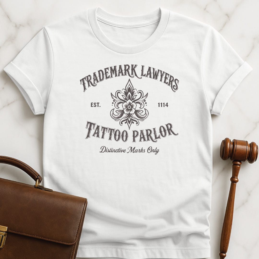 funny law student tshirt that says Trademark lawyers tattoo parlor est 1114 distinctive marks only in white