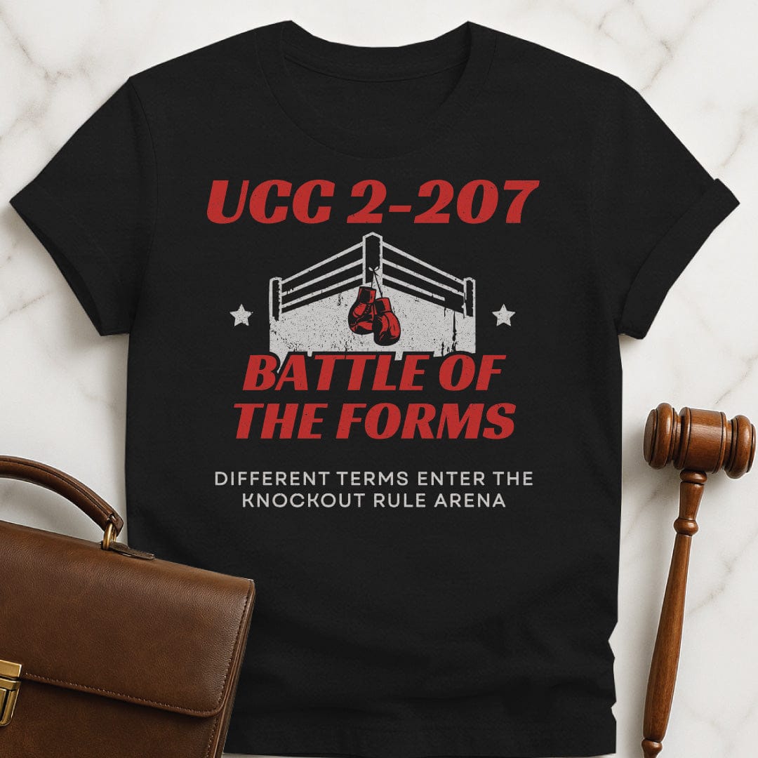 funny new attorney graphic tshirt that says UCC 2-207 Battle of the forms different featuring boxing ring in black