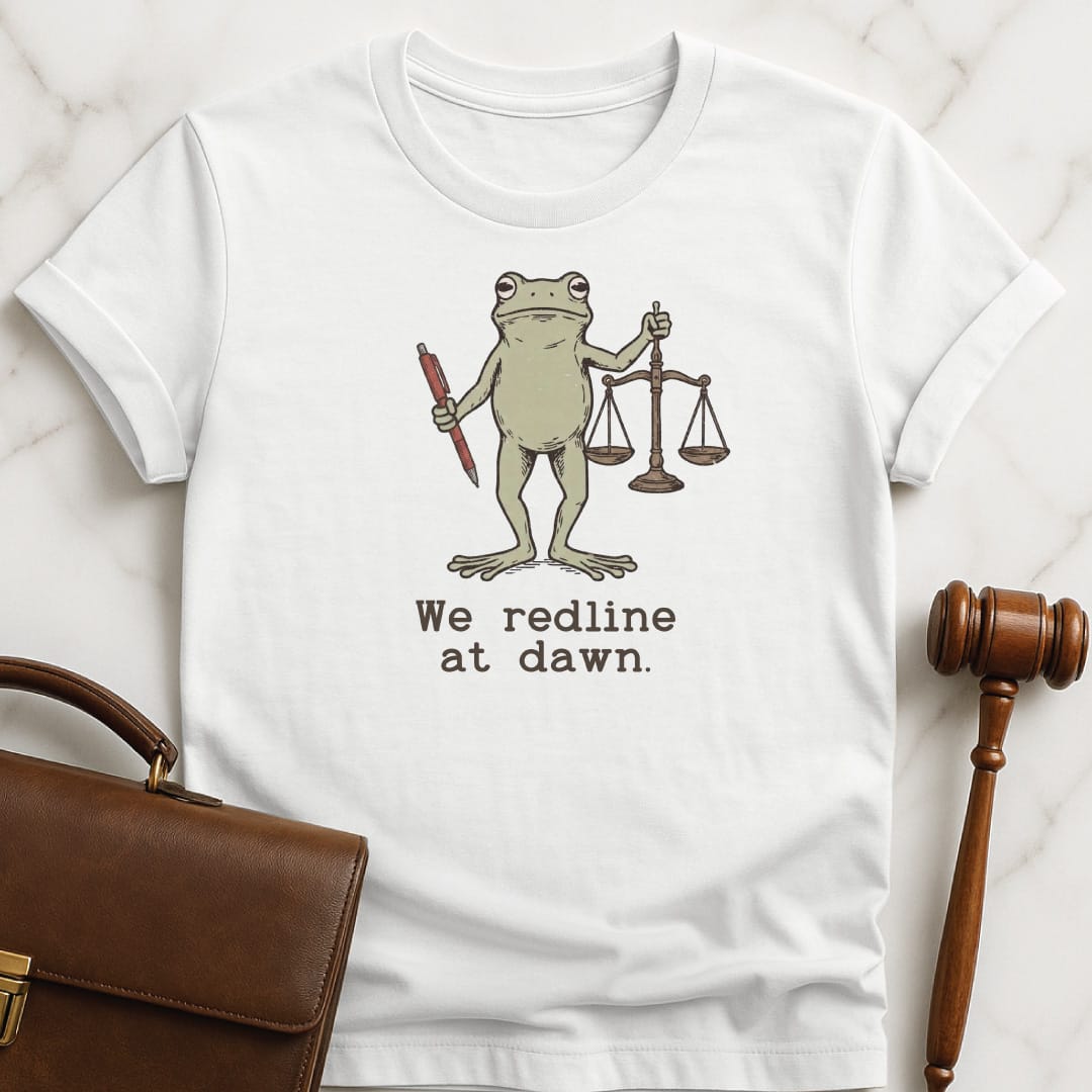 cute law school graphic tee that says we redline at dawn featuring toad holding a red pen and scales of justice in white