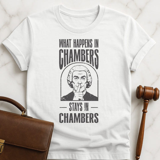 cool new lawyer tee that says what happens in chambers stays in chambers featuring a judge with his fingers to his lips in white