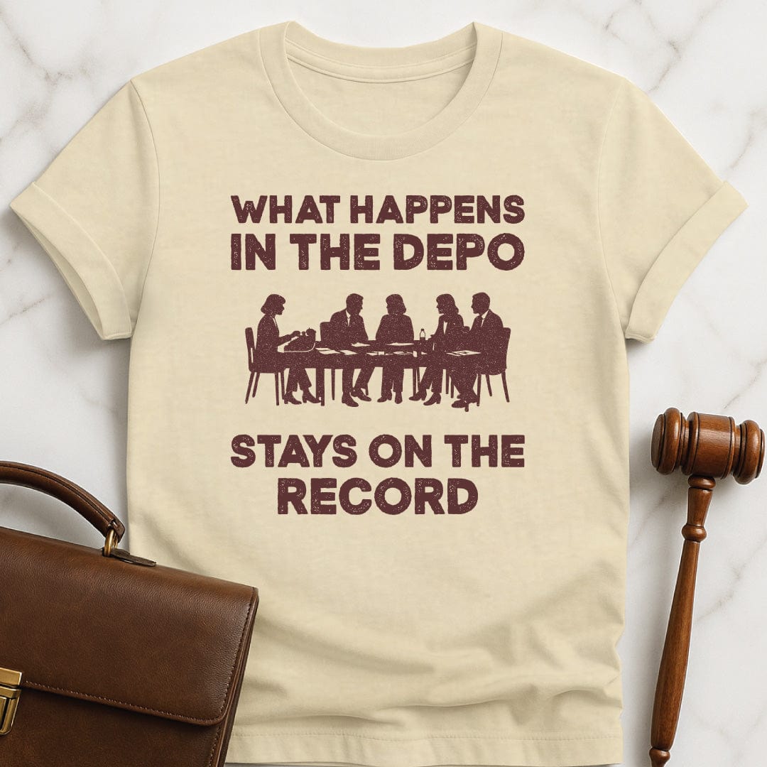 cool law school graduate graphic tee that says What happens in the depo stays on the record featuring silhouette of people at a conference table during a deposition in cream