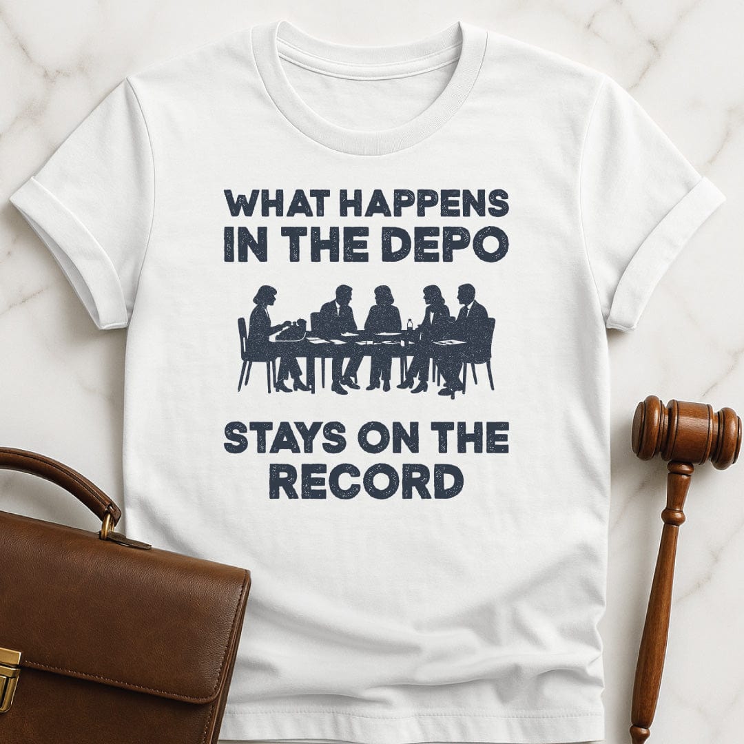 cool law grad t shirt that says What happens in the depo stays on the record featuring silhouette of people at a conference table during a deposition in white