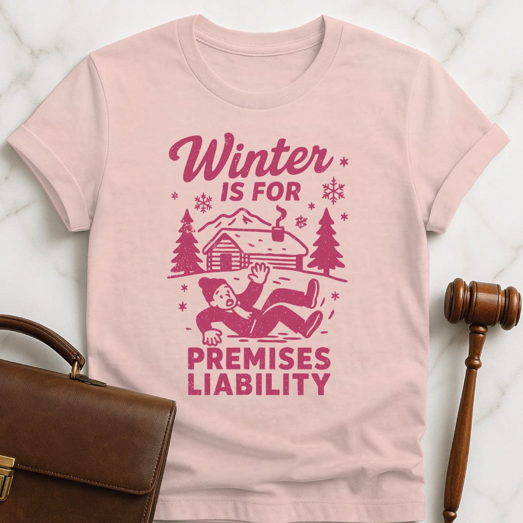 cool law school graduate tee that says Winter is for premises liability featuring man falling on snow in pink
