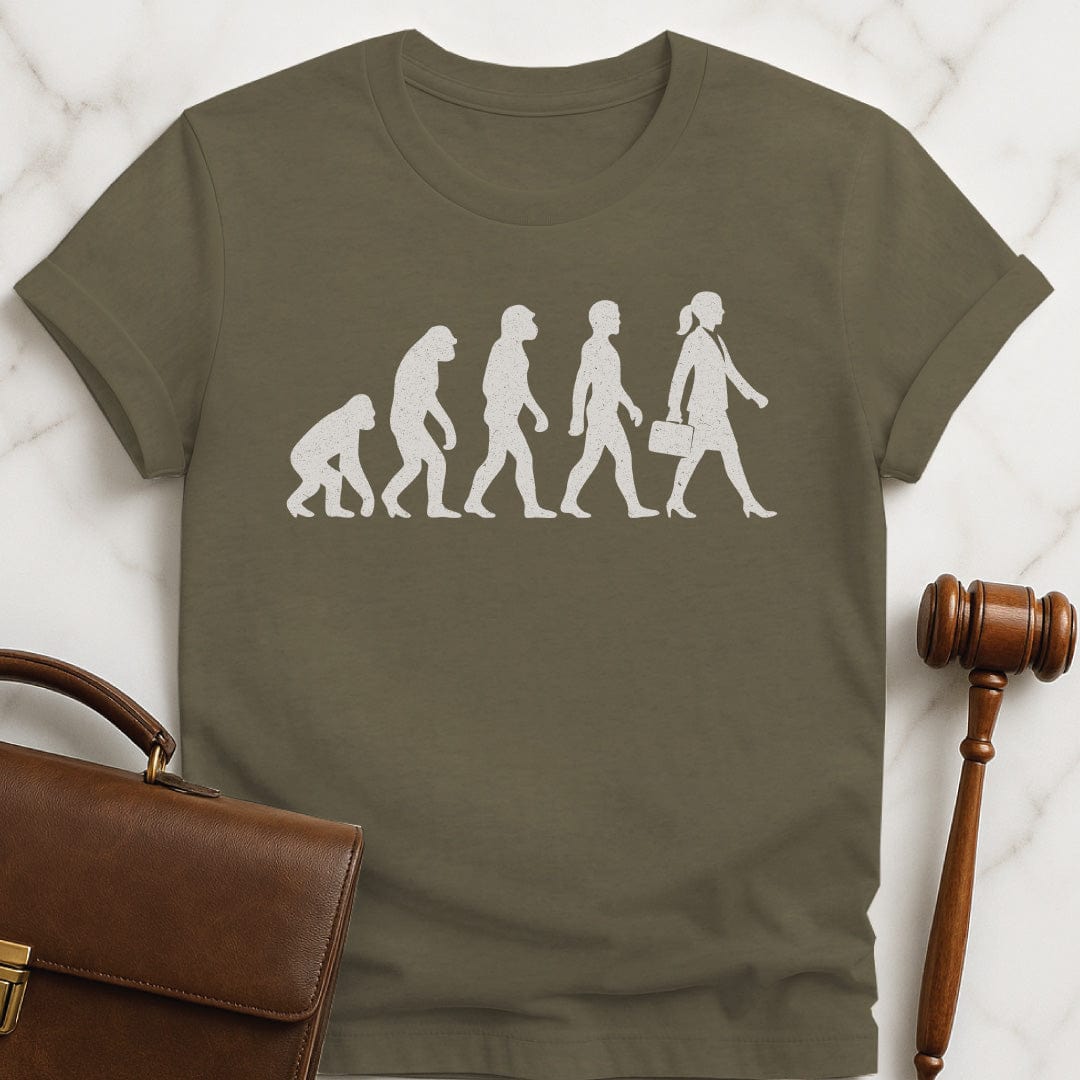 funny lawyer tee featuring images of the evolution from monkey to neanderthal to human to lawyer in heather green