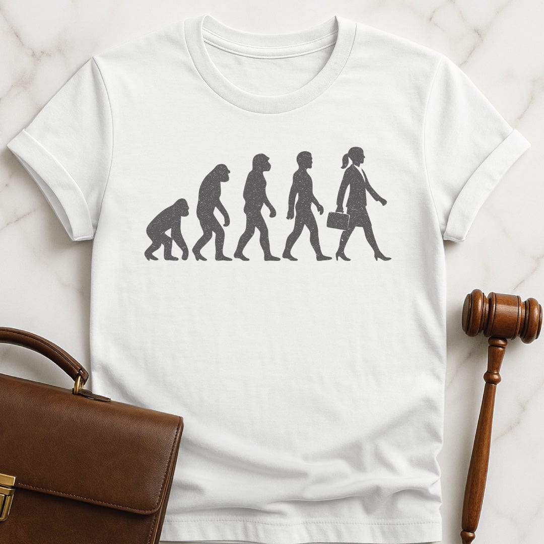 funny law school graduate tee featuring images of the evolution from monkey to neanderthal to human to lawyer in white