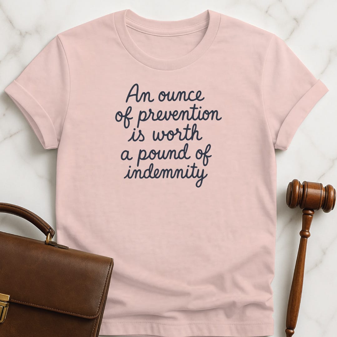 cool law school t shirt that says An ounce of prevention is worth a pound of indemnity featuring script handwriting in pink