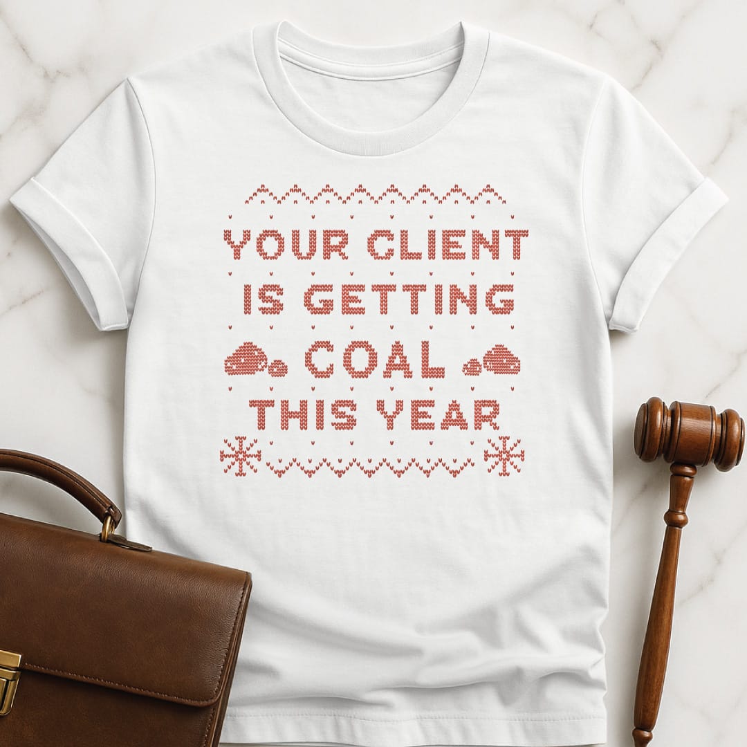 holiday law school grad t shirt that says Your client is getting coal this year featuring christmas sweater design in white