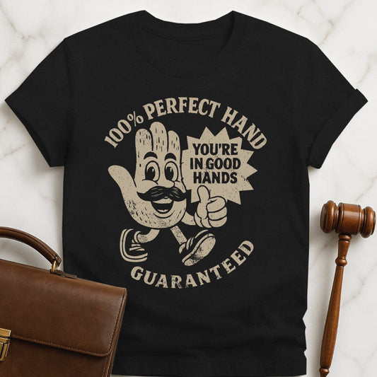 cute law grad graphic tee that says 100 perfect hand guaranteed youre in good hands featuring a cartoon of a hairy hand with a mustache in black