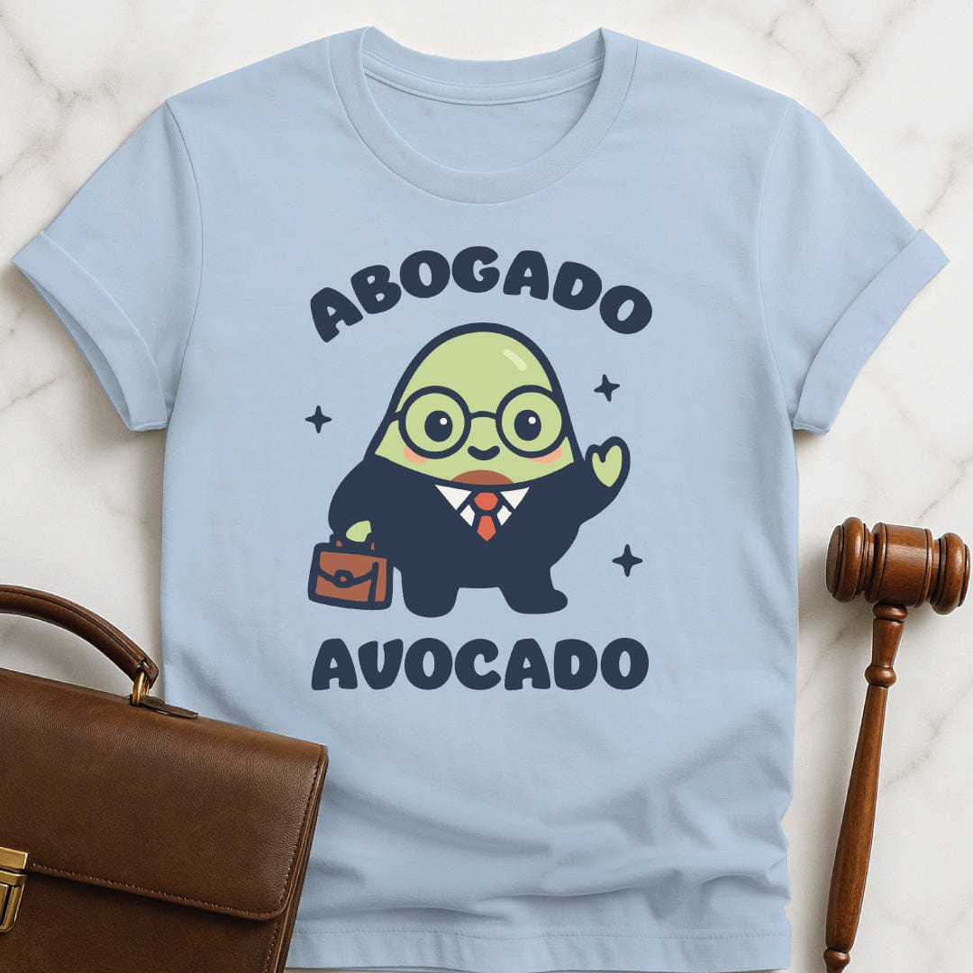 cute attorney t-shirt that says Abogado avocado featuring kawaii avocado dressed as a lawyer in blue