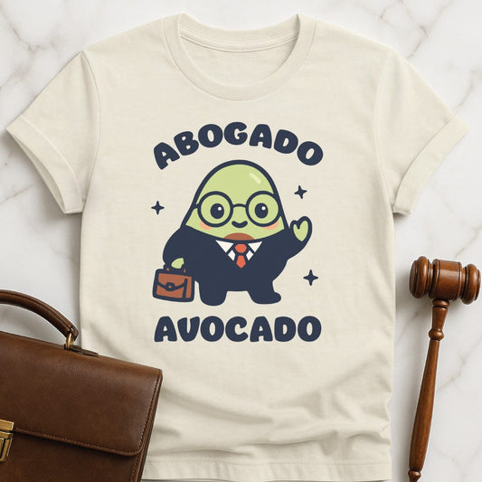 cute new attorney graphic t-shirt that says Abogado avocado featuring kawaii avocado dressed as a lawyer in cream