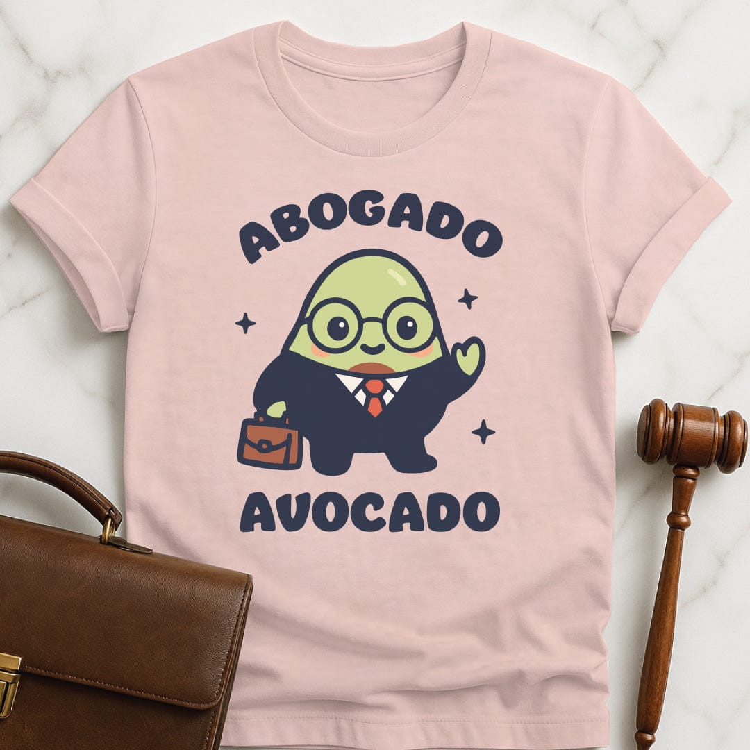 cute law student graphic t-shirt that says Abogado avocado featuring kawaii avocado dressed as a lawyer in pink