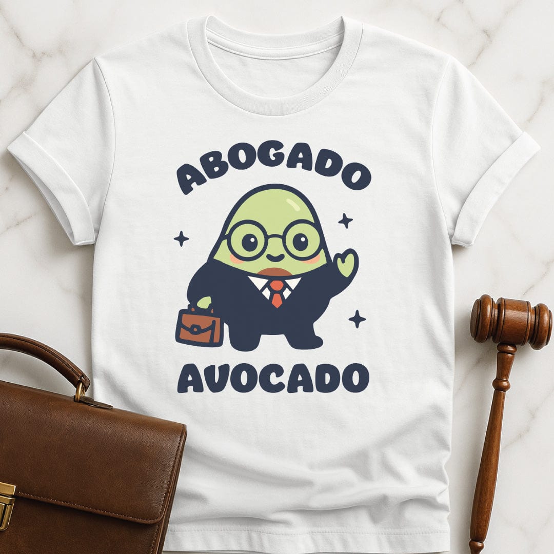 cute law graduate graphic tshirt that says Abogado avocado featuring kawaii avocado dressed as a lawyer in white