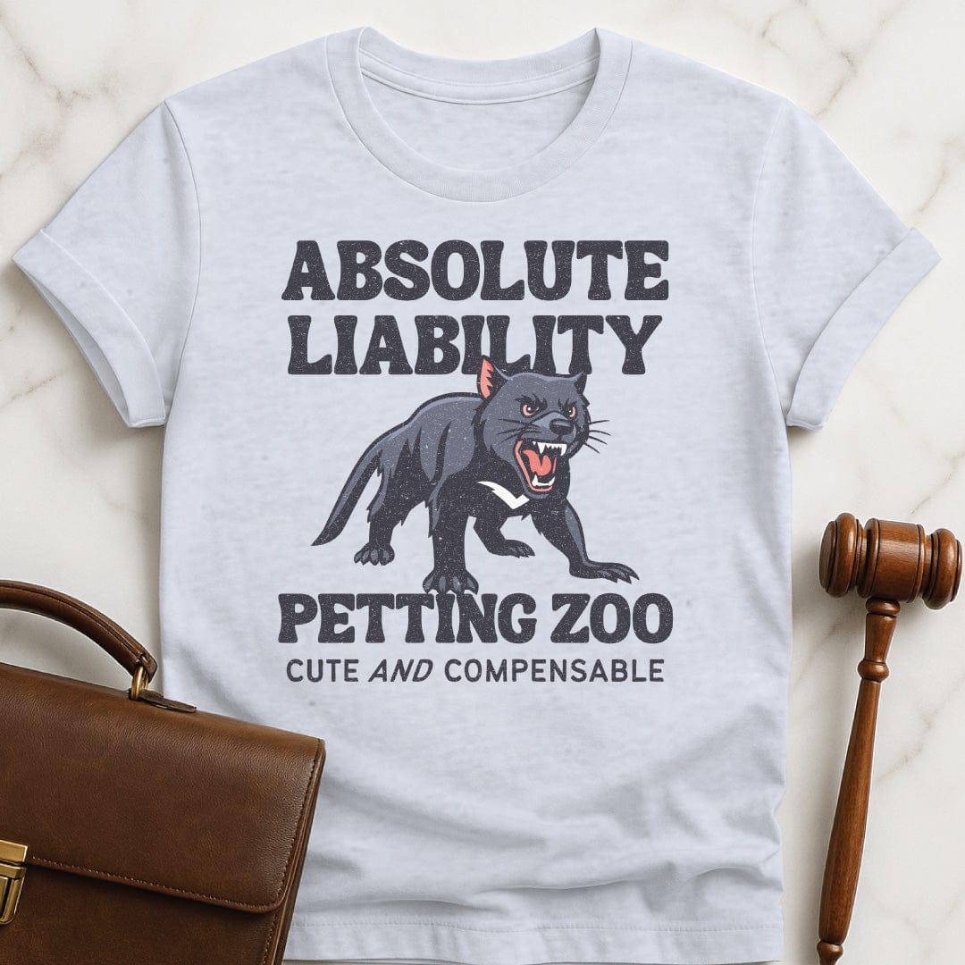 funny law graduate graphic t-shirt that says absolute liability petting zoo cute and compensible featuring growling panther in grey
