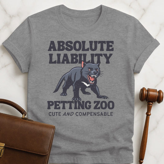 funny law school grad t-shirt that says absolute liability petting zoo cute and compensible featuring growling panther in grey