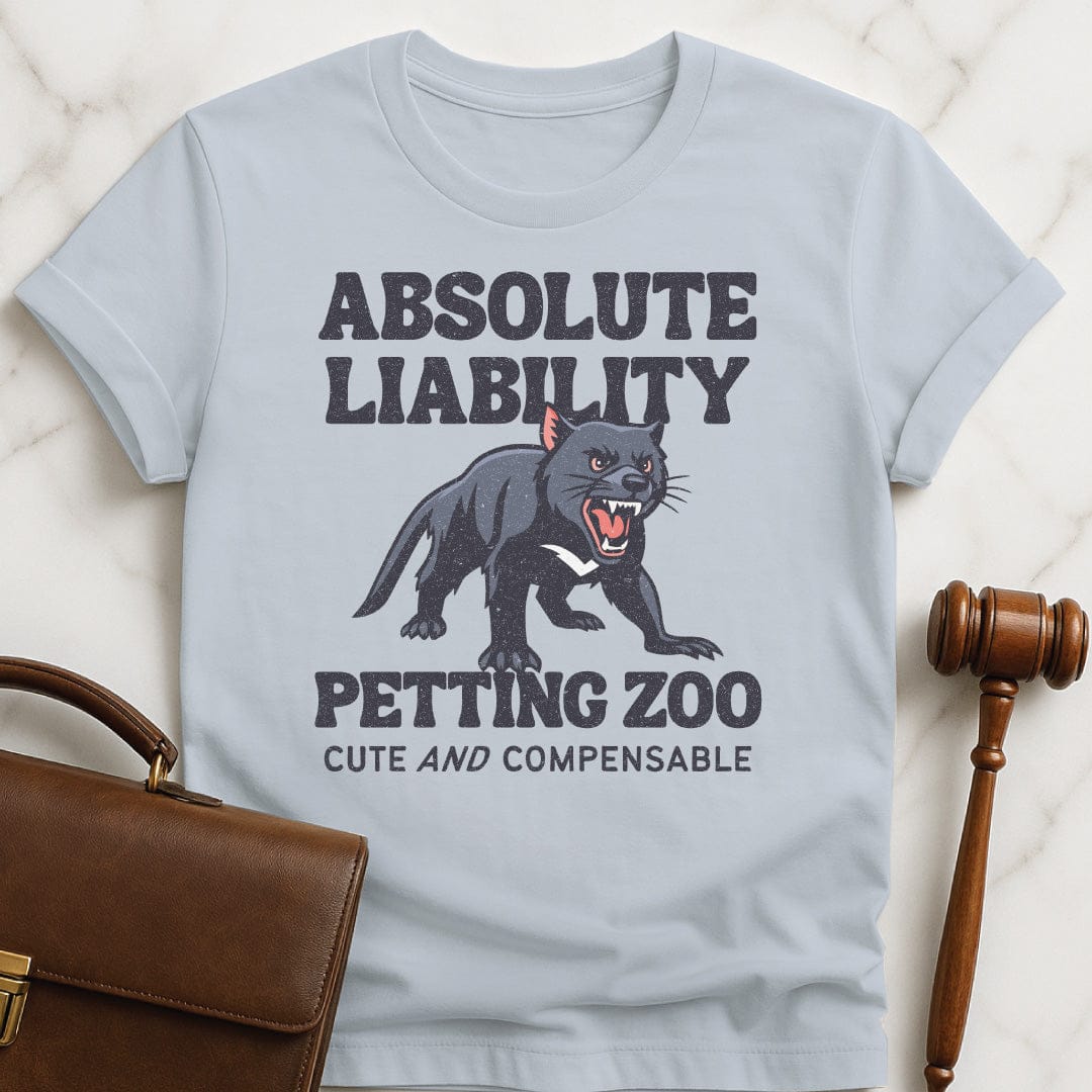 funny law graduate graphic tshirt that says absolute liability petting zoo cute and compensible featuring growling panther in blue