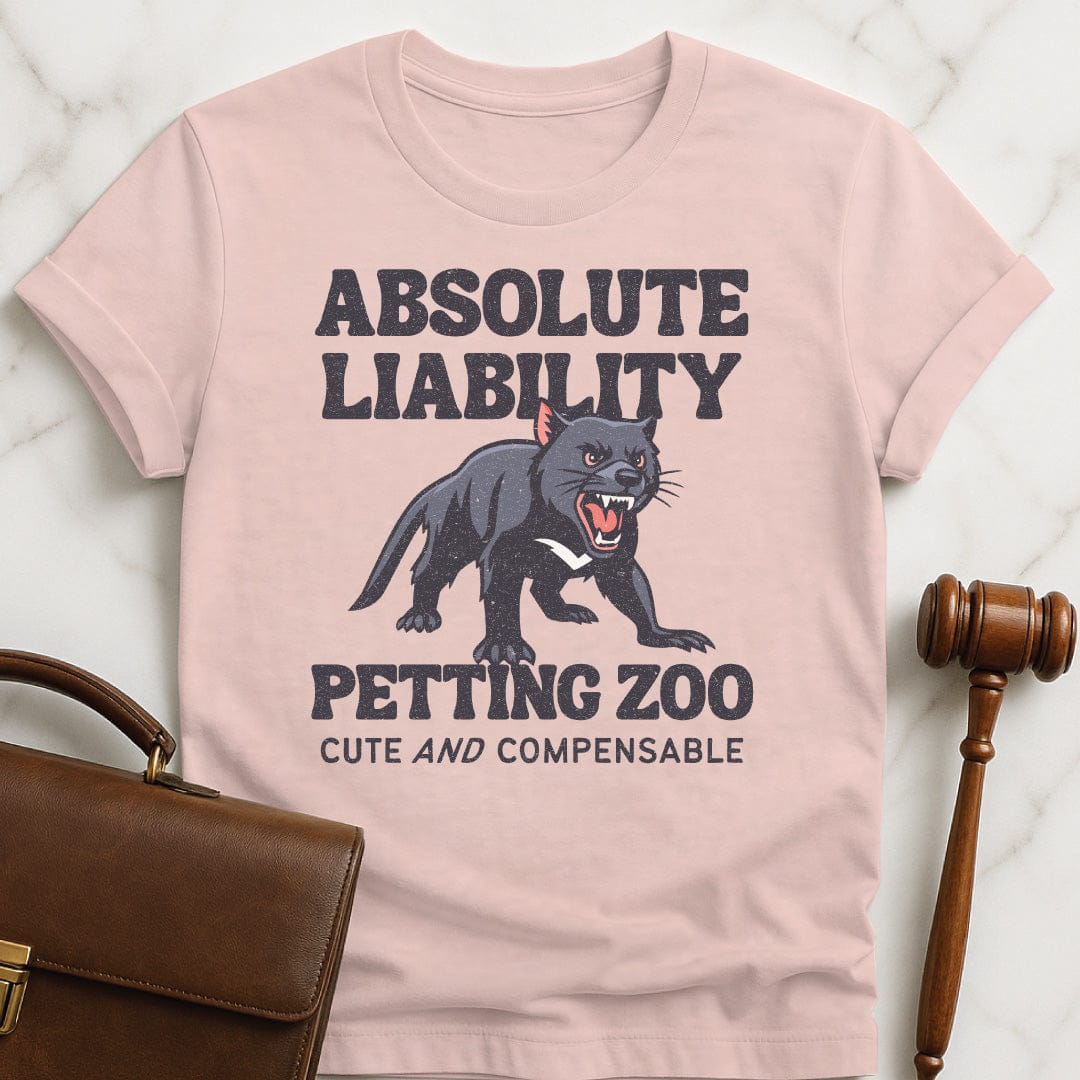 funny attorney graphic tshirt that says absolute liability petting zoo cute and compensible featuring growling panther in pink