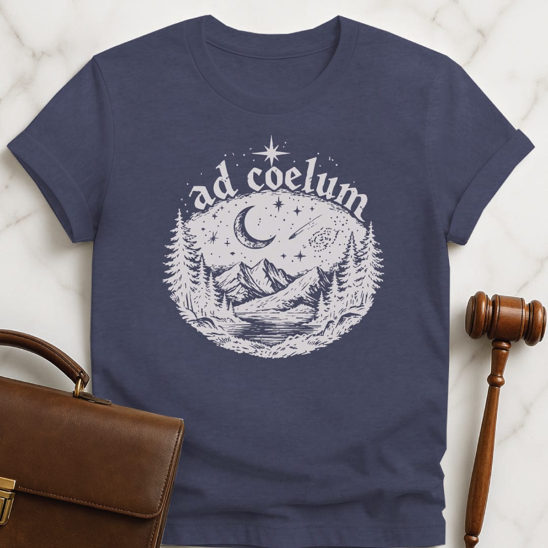 trendy new lawyer graphic t-shirt that says ad coelum featuring night sky in heather blue