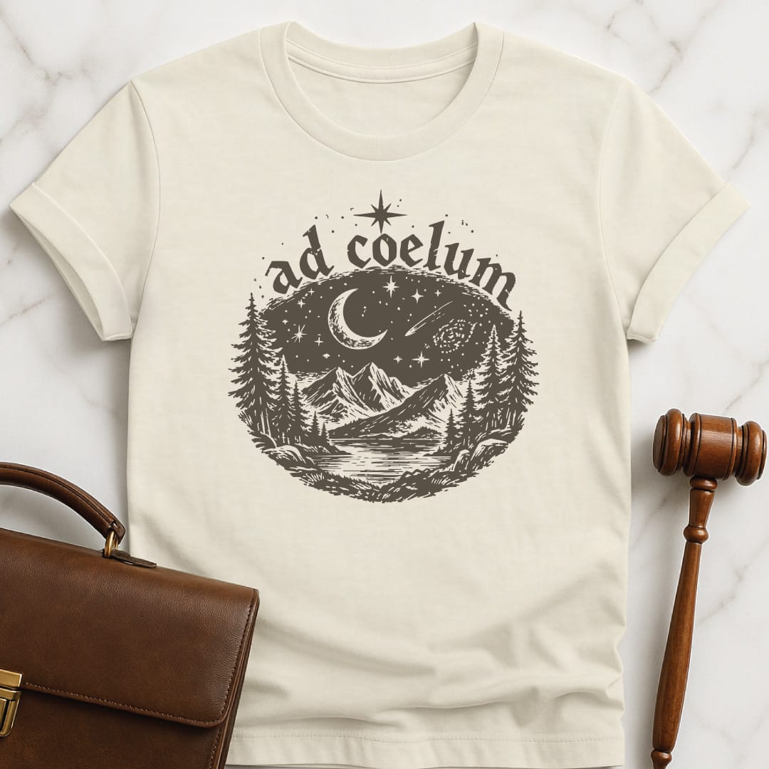 cool new attorney graphic t shirt that says ad coelum featuring night sky in cream