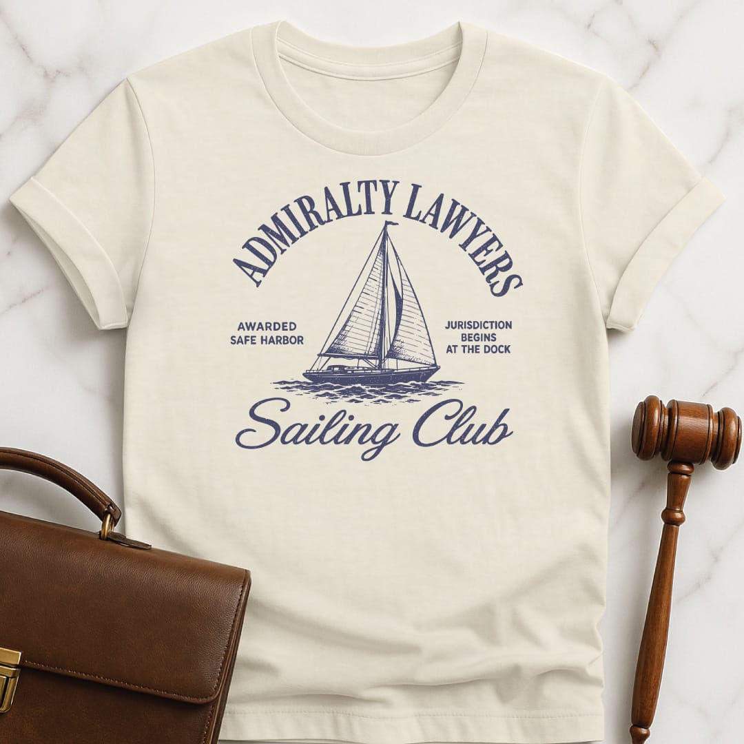 funny lawyer graphic t-shirt that says admiralty lawyers sailing club jurisdiction begins at featuring sailboat in cream