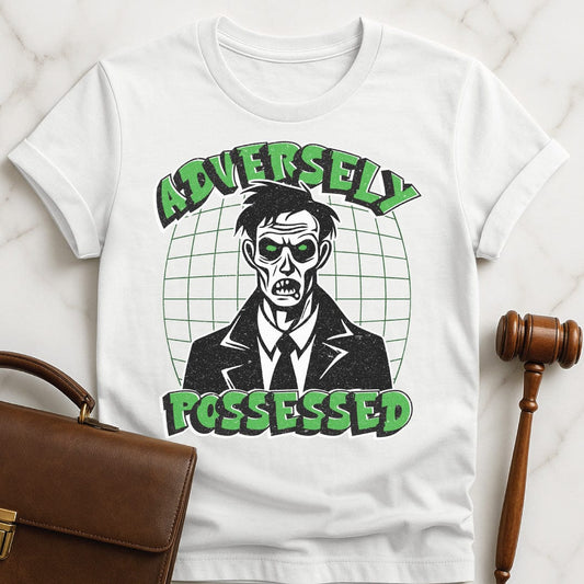 funny law school graduate graphic tee that says adversely possessed featuring a zombie in white