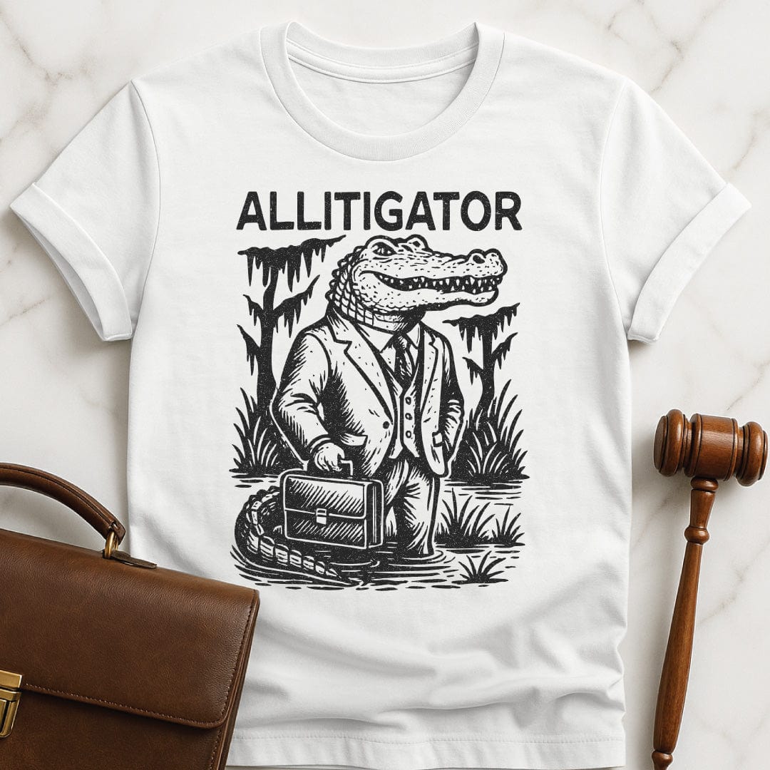funny new attorney tshirt that says allitigator featuring an alligator holding a briefcase in a swamp in white