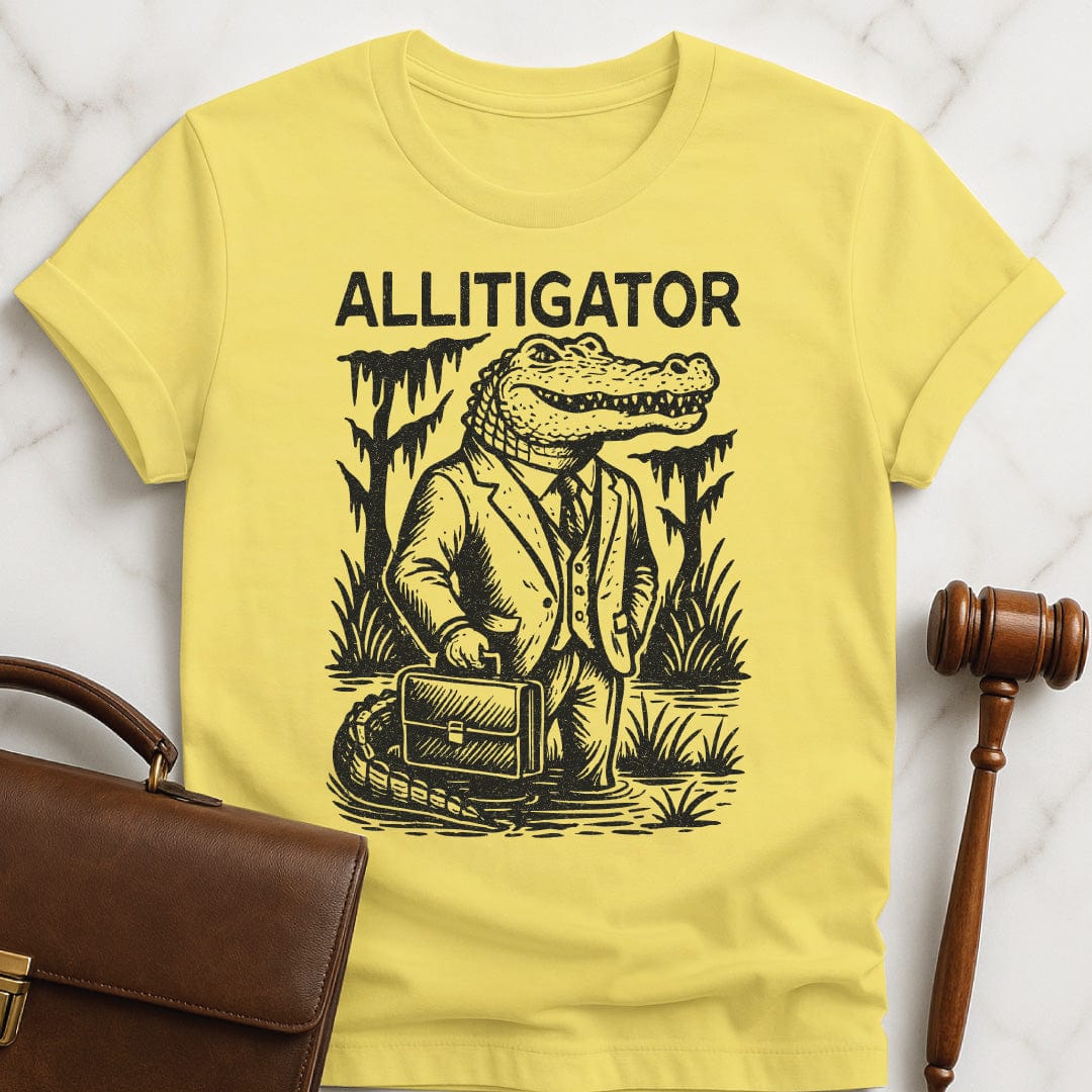cute new lawyer t shirt that says allitigator featuring an alligator holding a briefcase in a swamp in yellow